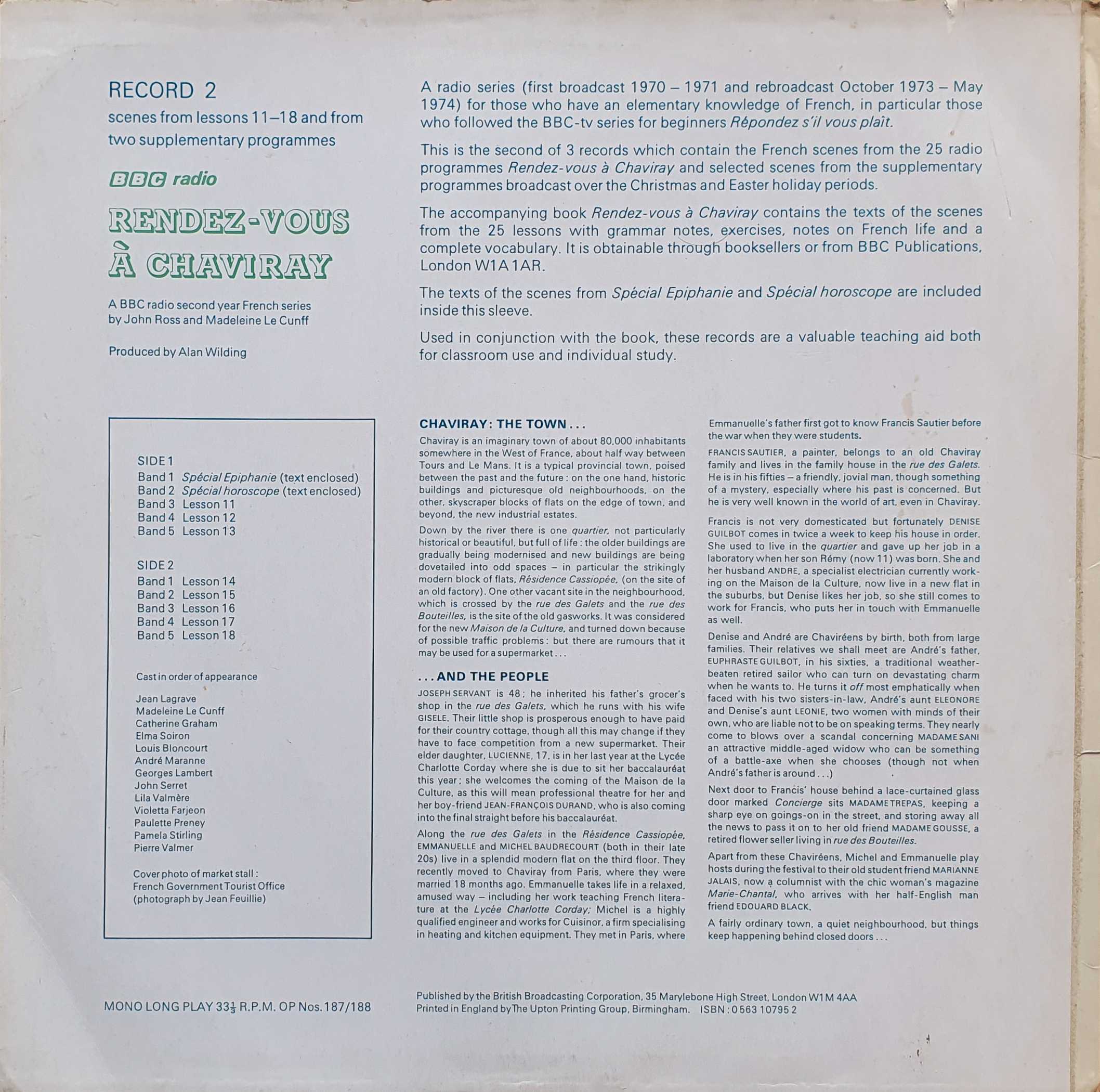 Picture of OP 187/188 Rendez-vous a Chaviray - BBC radio Second Year French - Record 2 - Lessons 19 - 20 by artist John Ross / Madeleine Le Cunff from the BBC records and Tapes library